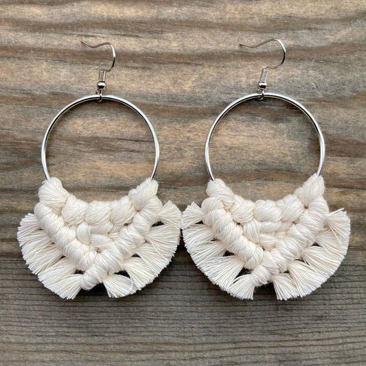 Large Square Knot Fringe Earrings - Natural & Silver